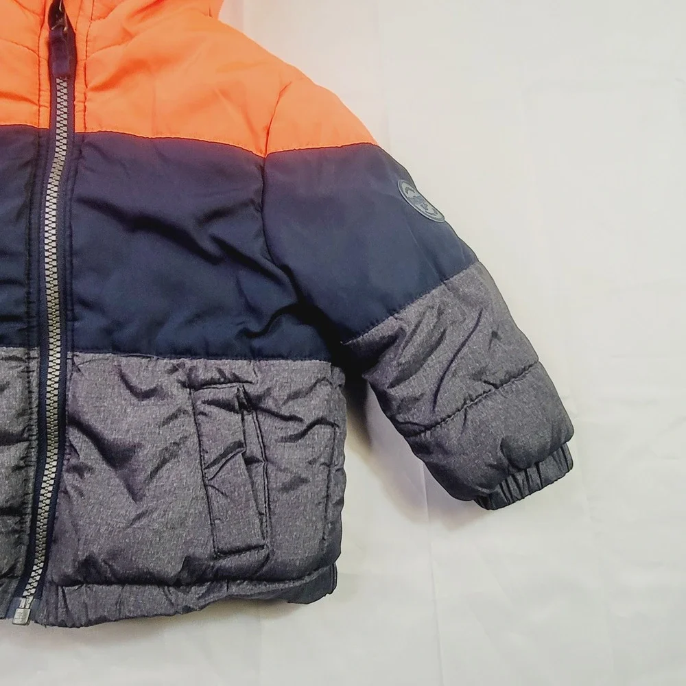 OshKosh Kids B'gosh Colorblock Puffer Jacket Size 18M Orange Navy Gray Hooded